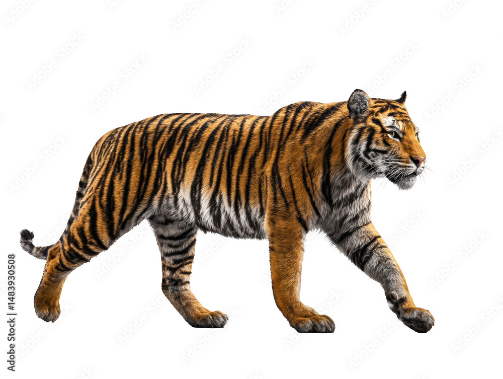 Fototapeta premium Majestic Bengal tiger walking Isolated on White Background wildlife animal portrait