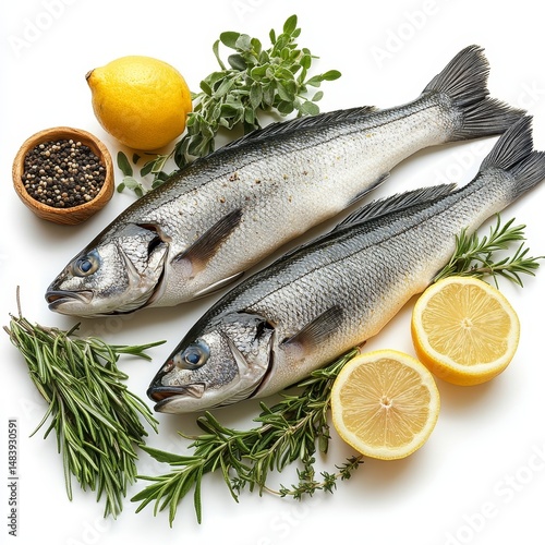 Set of fish sea ​​bass, lemon, rosemary, thyme and herbs isolated on white background with clipping path. Full Depth of field. Focus stacking. PNG