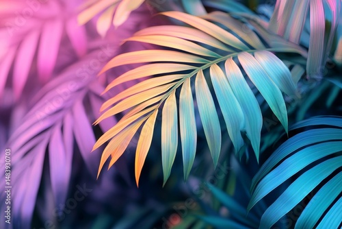 Tropical palm leaves in vibrant gradient color, holographic colours. Minimal art concept. Generative AI technology
