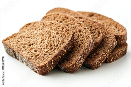 Fresh dark wholegrain bread slices isolated on white background. With clipping path. Full depth of field. Focus stacking