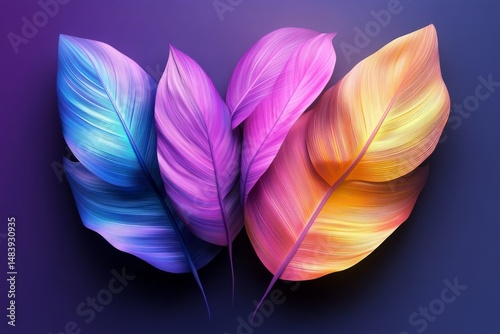 Tropical palm leaves in vibrant neon gradient, holographic colors. minimal art concept.	Generative AI