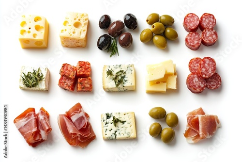 Italian wine snacks set or mediterranean appetizers. Brushettas, cheese variety, olives, pickles, Prosciutto di Parma isolated on white background with clipping path. PNG