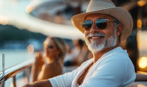 Wealthy senior man at luxury yacht party, oligarch lifestyle with glamorous women, billionaire summer cruise vacation