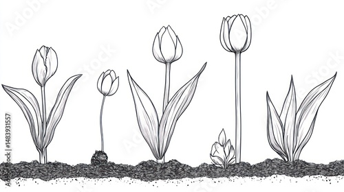 Line drawing of tulips in various growth stages, planted in soil.  Detailed depictions of blooms, stems, and leaves