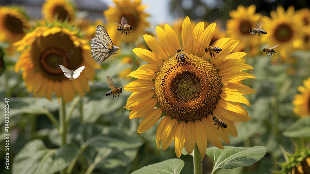 Naklejka premium A sunny sunflower field with bees and butterflies in a vibrant summer scene