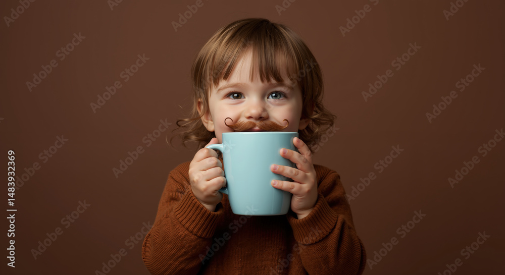 ;Caucasian toddler with chocolate milk mustache holding turquoise mug. Child in brown sweater smiling against warm background. Beverage enjoyment concept. Childhood playfulness. Cozy moments. ;Caucasian toddler with chocolate milk mustache holding turquoise mug. Child in brown sweater smiling against warm background. Beverage enjoyment concept. Childhood playfulness. Cozy moments.