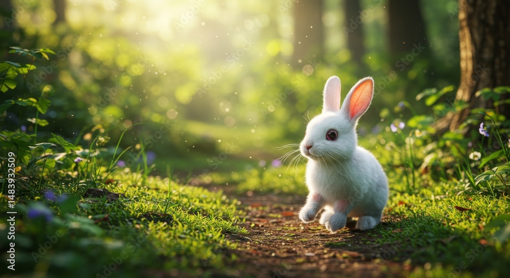 Fototapeta premium White Rabbit Woodland Path Stroll - A fluffy white rabbit hops along a sunlit woodland path, symbolizing purity, peace, springtime, nature, and new beginnings