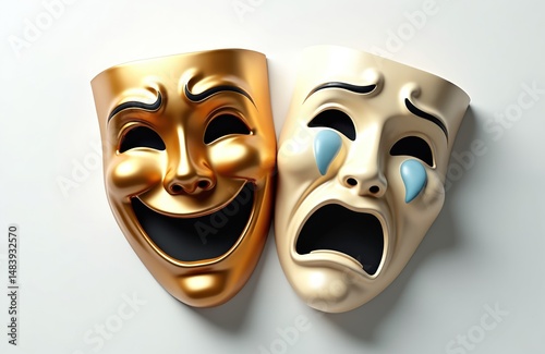 Illustration featuring comedy, tragedy masks, symbols of joy, sorrow. Golden smiling mask contrasts with crying mask. Concept represents theatre drama performance emotions, contrast, happiness, grief