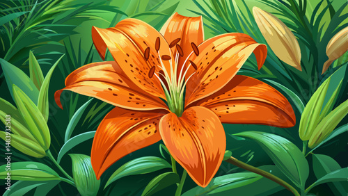 Floral summer garden. Orange flower Lily (Latin: Lilium) on the background of green leaves in the garden, closeup. Precise selective focus.