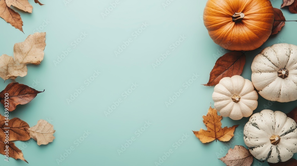 Fototapeta premium Autumn harvest scene with pumpkins and leaves on a teal background.