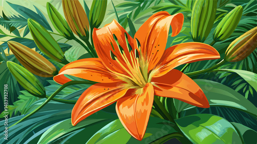 Floral summer garden. Orange flower Lily (Latin: Lilium) on the background of green leaves in the garden, closeup. Precise selective focus.