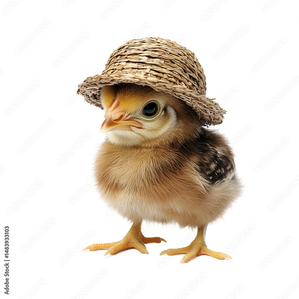 Obraz premium small chicken wearing straw hat close-up