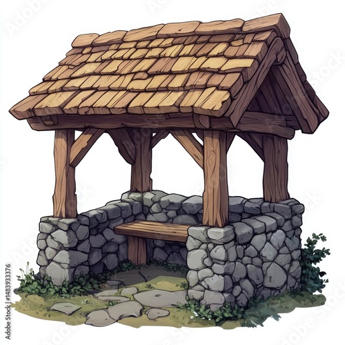 Rustic Wooden Shelter with Stone Walls