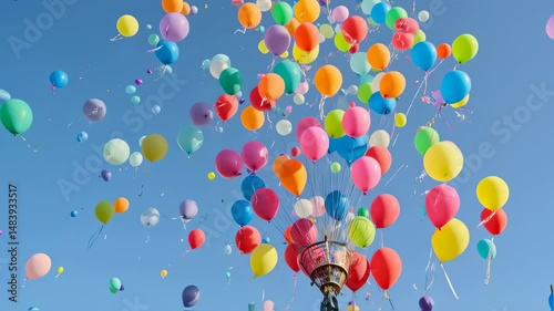 Many bright colorful balloons float upwards into a clear blue sky. Represents celebration joy freedom and lightheartedness
