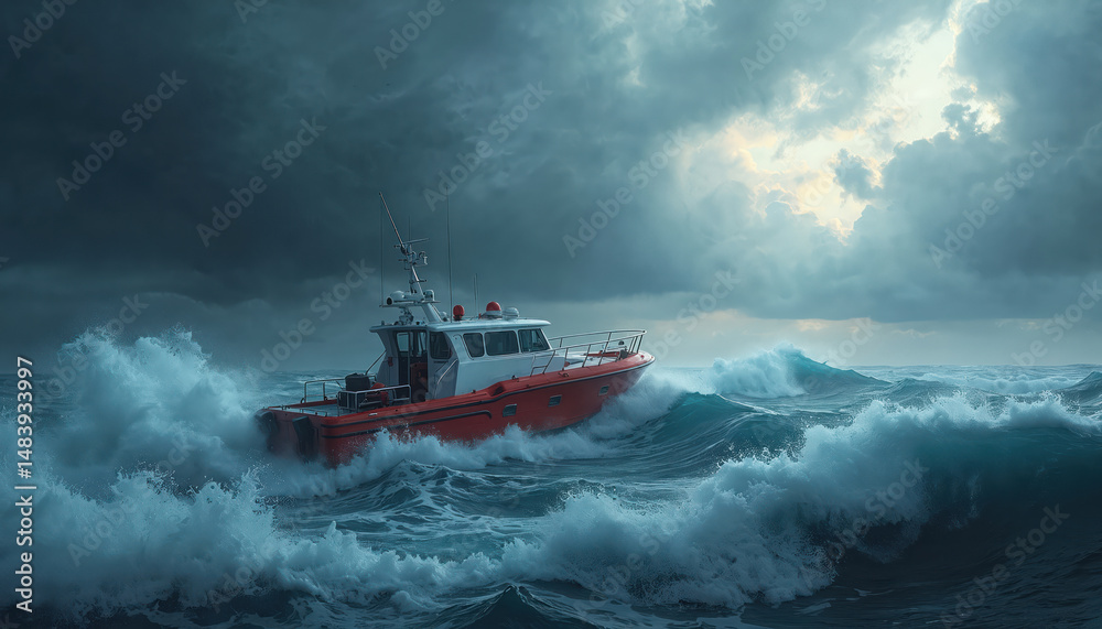 Naklejka premium Red rescue boat navigates stormy ocean waves under dramatic sky. Vessel faces challenging conditions, battling turbulent water. Marine theme, sea adventure, danger, emergency. Transportation,