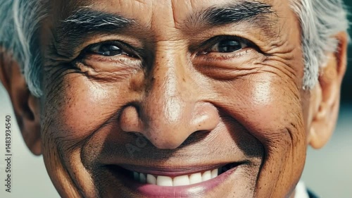 Close up portrait of a joyful elderly man with a genuine smile. Represents positivity cultural diversity and self acceptance