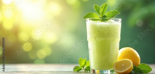Refreshing mint lemonade slush with lemon and mint leaf garnish. Healthy summer cold beverage on the wooden table. Natural light background. Perfect for restaurants bar menu or cafe.