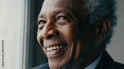Close up portrait of a happy black elderly man smiling by a window. Represents positive aging and peaceful moments at home