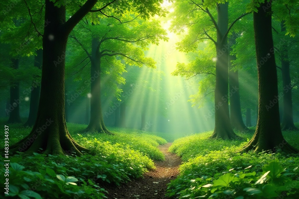 Obraz premium Lush green forest background, dappled sunlight filtering through leaves , spring, natural