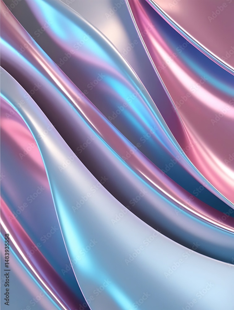 Obraz premium Elegant metallic waves in iridescent pastel pink, blue, and silver shades creating a futuristic and fluid abstract surface perfect for digital design, art, and backdrops