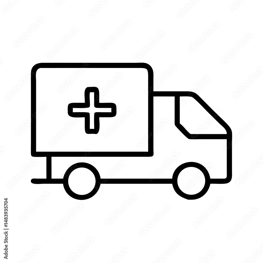 Outline icon of medical support truck with cross symbol, representing mobile healthcare, HIV AIDS awareness, and volunteer aid in global outreach campaigns Outline icon of medical support truck with cross symbol, representing mobile healthcare, HIV AIDS awareness, and volunteer aid in global outreach campaigns