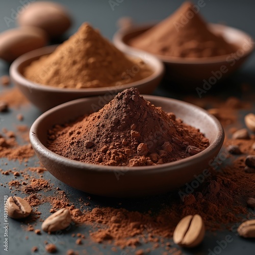 Illustration of cacao powder in ceramic bowls, coffee beans. Brown cocoa, instant coffee ingredients for drinks. Food photography, cooking, cafe, cafe culture. Ai generated illustration.