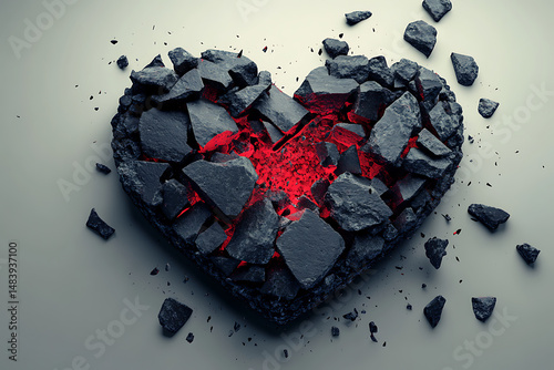 A broken heart made of dark rocks with red light shining through the cracks on a light background