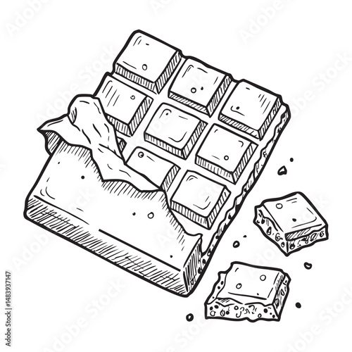 A detailed doodle illustration of a chocolate bar with broken chunks in a vintage sketch style. Created with AI