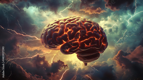 A brain with glowing cracks surrounded by storm clouds and lightning in a dramatic sky scene