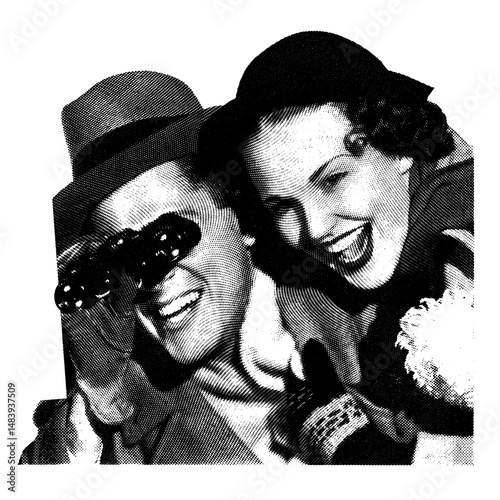 Vintage halftone illustration of a joyful couple watching an event through binoculars. A classic retro-style image capturing excitement and nostalgia in black and white engraving.