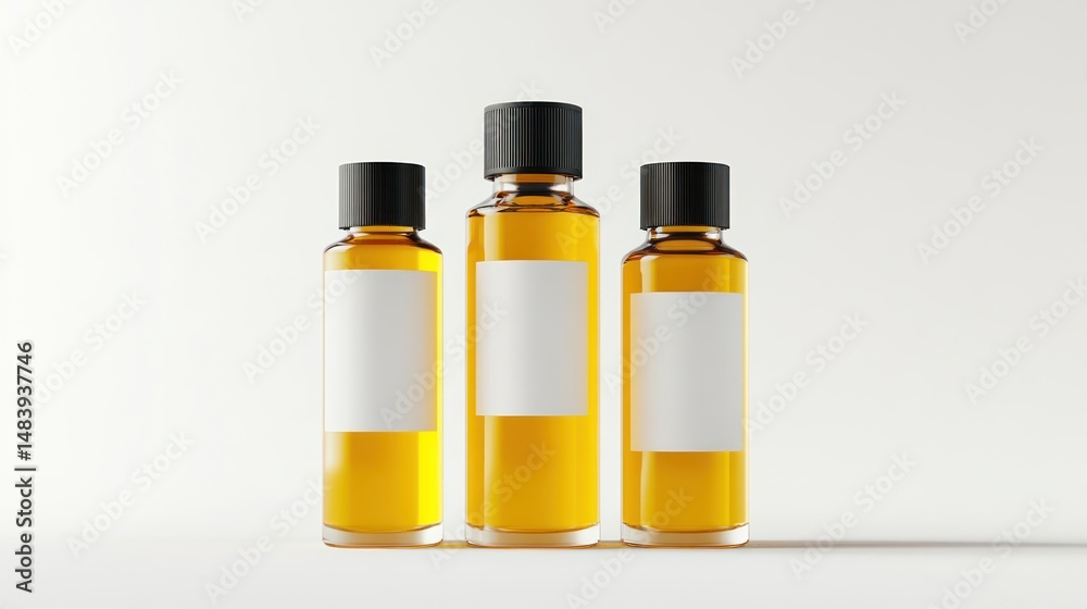 Three golden liquid bottles with a blank label for custom branding Three golden liquid bottles with a blank label for custom branding