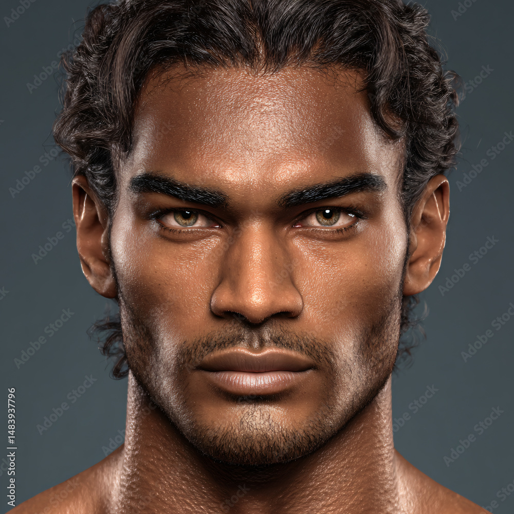 Obraz premium Portrait Male Close-up Photo Handsome Strong Curly Hair Expression Serious Beauty Confidence Masculinity Model Fashion Style Contemporary Artistic Visual Depth Details Identity Human Character