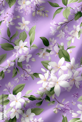 Purple Lilac Floral Pattern Design Nature Bloom Leaves Spring Botanical Ornament Fabric Textile Decoration Art Beautiful Colorful Elegant Vibrant Pink Delicate Petal Decor Print Garden Growth