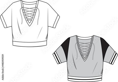 Women's Lace-up Detail Sweatshirt. Technical fashion sweatshirt illustration. Front, white, and grey colors. Women's CAD mock-up.