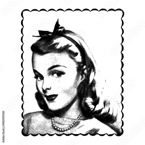 Vintage halftone portrait of a stylish woman with a bow in her hair, framed in a decorative border. A nostalgic and elegant retro-style illustration, perfect for classic-themed and artistic designs.