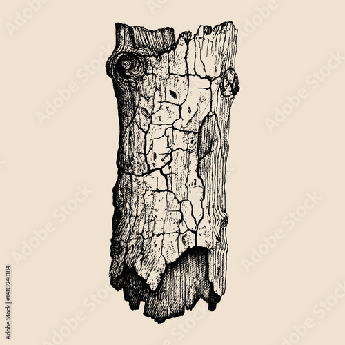 A detailed hand-drawn illustration of a cracked and aged tree bark, showcasing intricate texture and natural patterns.