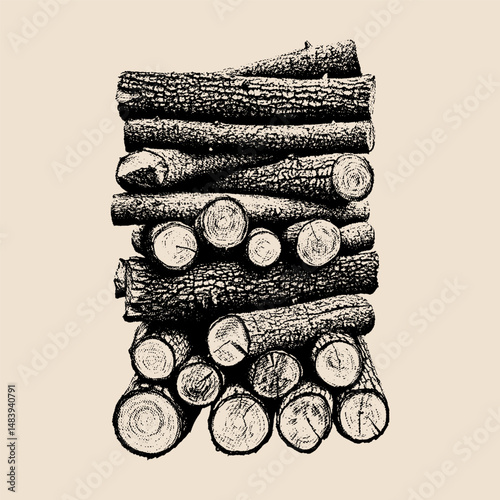 A realistic vintage-style drawing of a neatly stacked pile of raw firewood logs, arranged with visible rough textures.