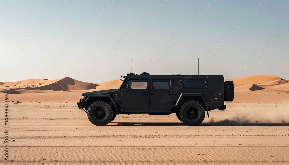 Fototapeta premium Matte Black Armored Vehicle in Desert (Side View)
