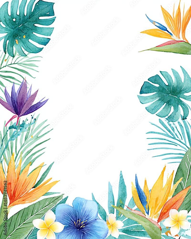 Naklejka premium tropical watercolor invitation border with monstera, plumeria, birds of paradise flowers, and blue sky hues