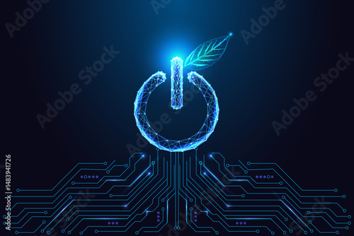 Green energy and smart power concept with glowing power button and leaf, circuit board vector