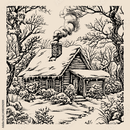 Cozy Cabin in a Winter Wonderland: A quaint cabin nestled amidst a snow-covered landscape, offering a warm escape with the soft glow of smoke and a serene winter scene.