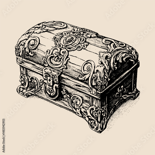 Ornate Wooden Chest: An antique wooden chest, meticulously carved with intricate floral patterns and ornate detailing, sits against a neutral backdrop.