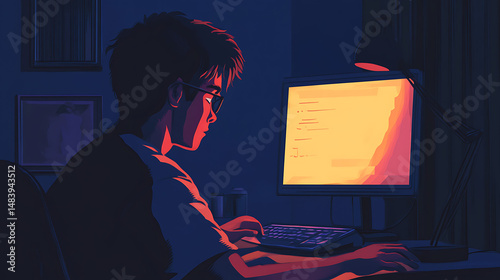 Person with glasses typing on a keyboard in front of a computer screen in a dark room late at night