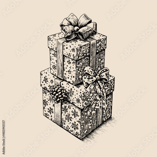 Festive Gift Stack: Two intricately decorated gift boxes, each tied with a delicate bow, are stacked, embodying the spirit of generosity and anticipation of special occasions.