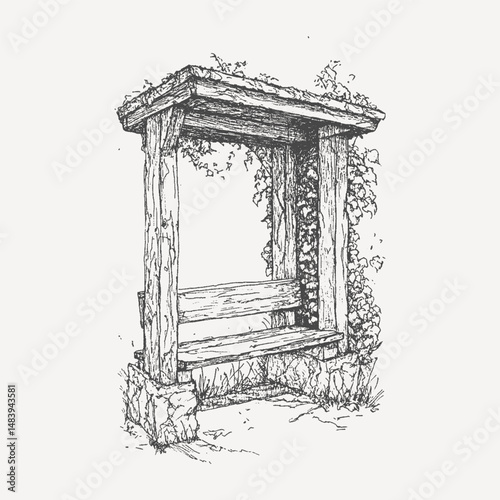 Rustic Gazebo Serenity: An exquisite sketch of a serene wooden gazebo, draped with verdant vines, inviting contemplation and offering a tranquil respite from the world's hustle.