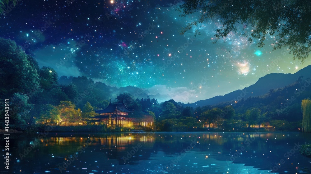 Fototapeta premium Serene nightscape Lakeside pavilion under a vibrant, starry sky