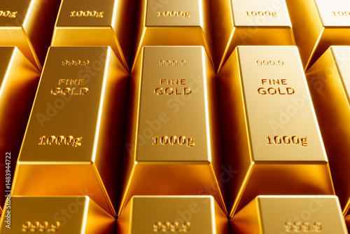 gold bullions and bars background, close-up view of golden ingots, 3d illustration