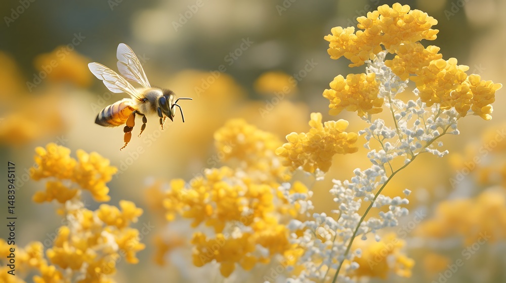 Honeybee in Flight Near Yellow Flowers, Nature Photography Honeybee in Flight Near Yellow Flowers, Nature Photography