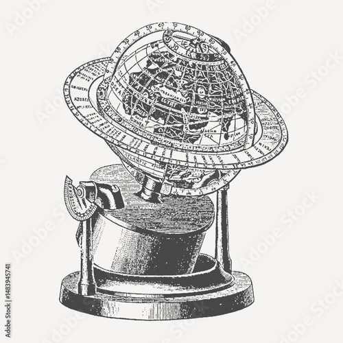 Intricate Celestial Globe: A detailed vintage illustration of an armillary sphere, showcasing its complex network of rings, celestial bodies, and geographical features.