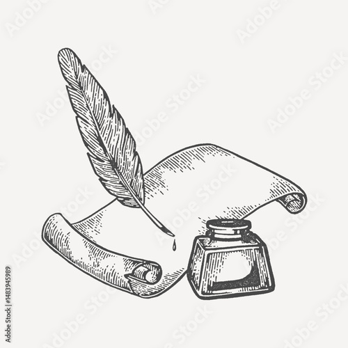 Quill Pen, Inkwell, and Scroll: A meticulously detailed illustration featuring a quill pen resting on a rolled parchment scroll beside an inkwell.